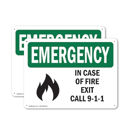 Signmission Exit Sign, Aluminum, 24 in W, 18 in H, In Case Of Fire Exit Call 9-1-1 OS-2PACK-EM-A-1824-L-10340